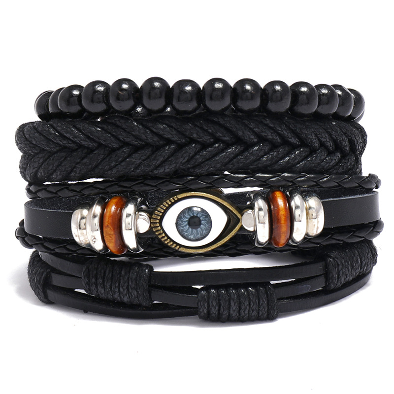 Retro Braided Leather Bracelets Evil Eye Charm Wood Beads Woven Rope Adjustable Punk Jewelry For Men Women