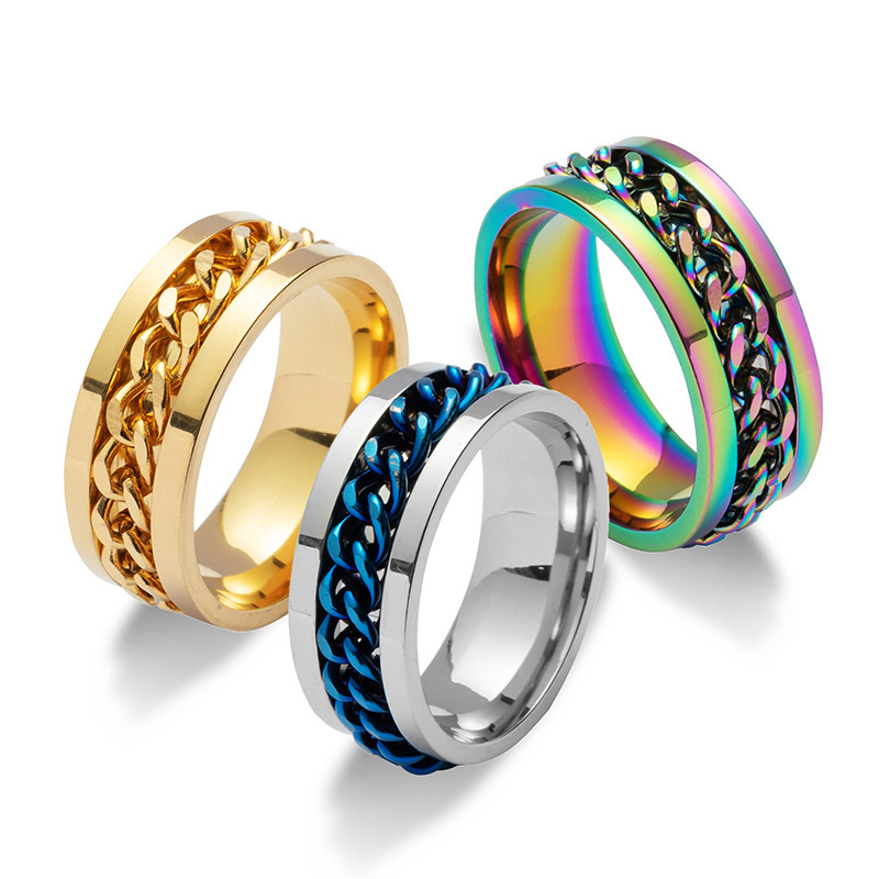 Stainless Steel Rotatable Spinner Chain Ring For Men Women Punk Cool Mechanical Stress Relief Band Jewelry 8mm Width