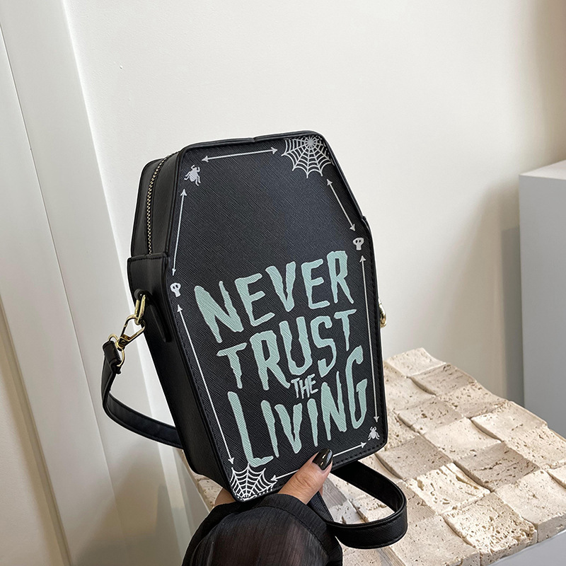 Gothic Coffin Crossbody Bag PU Leather Never Trust The Living Slogan Spider Web Print Small Phone Purse Dark Aesthetic Halloween Party Shoulder Bag Women