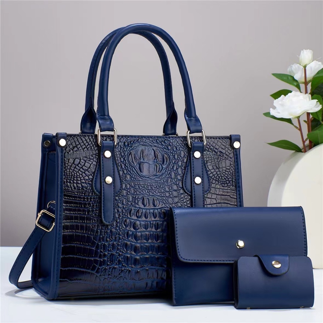 Women's 3-Piece Bag Set Crocodile Embossed PU Leather Tote Large Capacity Handbag With Clutch And Card Holder Vintage Shoulder Crossbody Bag For Lady