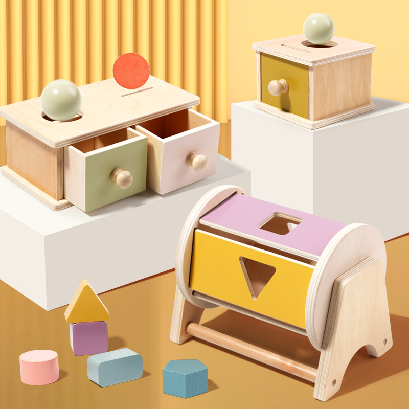Wooden Montessori Educational Toys Set Montessori Spinning Drum Object Permanence Box Coin Ball Matching Game For Toddlers Sensory Learning Development Hand-Eye Coordination Training Kids Early Education Gifts