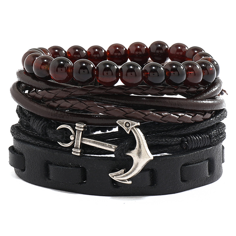Nautical Anchor Bracelet Multilayer Woven Cowhide Leather Wax Rope Glass Beads Vintage Jewelry Unisex