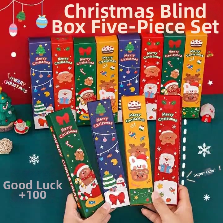 Creative Christmas Stationery Mystery Box 5-piece Set Random Pen Refill Sticker Cartoon School Supplies Gift For Students Kids Festive Lucky Pen Set
