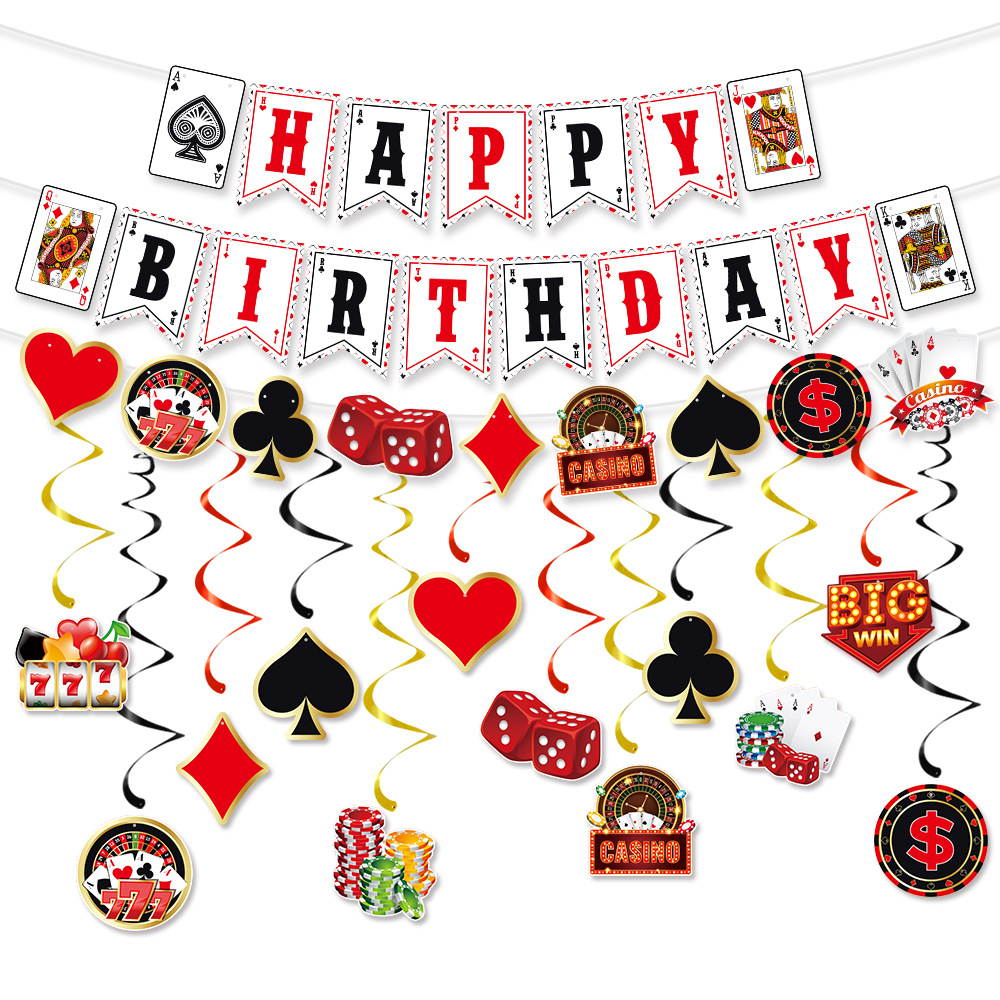 Casino Theme Birthday Party Decoration Set Happy Birthday Banner Poker Card Dice Chips Foil Swirls Photo Booth Props For Las Vegas Night Party Supplies