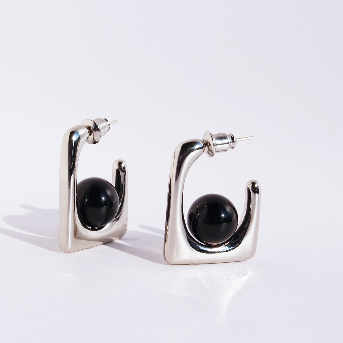 Geometric Square Earrings Gold Plated Brass With Black Agate And 925 Sterling Silver Earring Post Minimalist