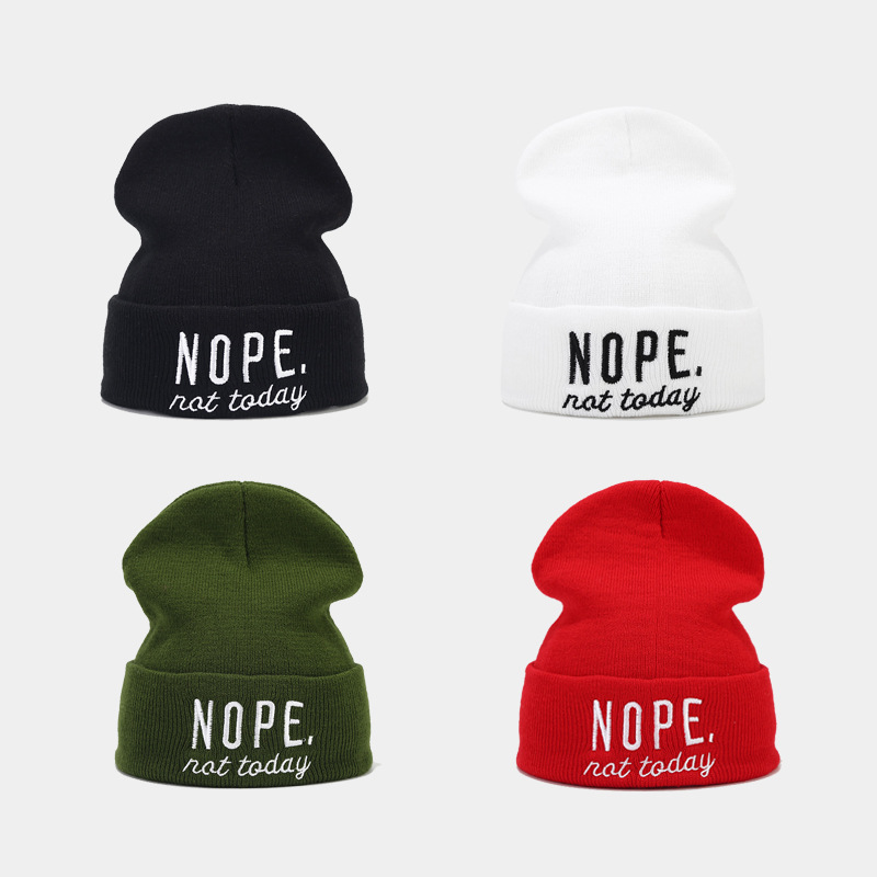 Nope Not Today Letter Embroidery Acrylic Knit Beanie Hat Cuffed Winter Warm Skull Cap For Men Women Casual Streetwear Outdoor Daily Accessories