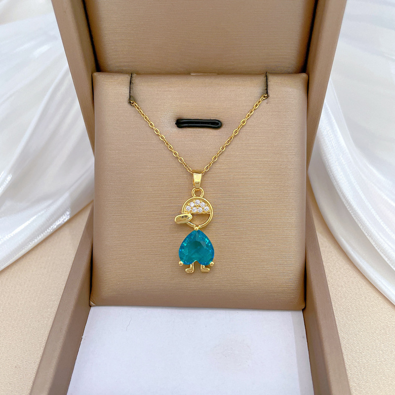 Little Person Pendant Necklace Titanium Steel Chain Copper Micro Inlaid Blue Heart Gemstone Rhinestone Jewelry For Women
