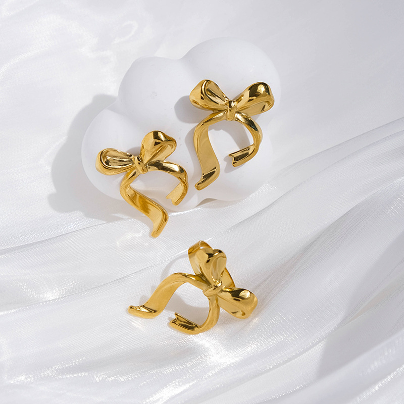 Bowknot Earrings And Ring Gold Plated Stainless Steel Sweet Korean Style Niche Design For Women
