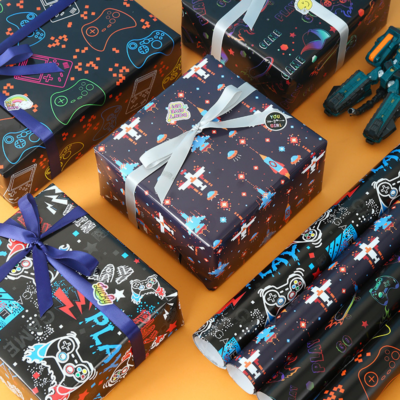 Video Game Theme Gift Wrapping Paper Sheets Retro Pixel Controller Space Rocket Pattern For Boys Birthday Party Favors Kids Gifts DIY Crafts Decoration