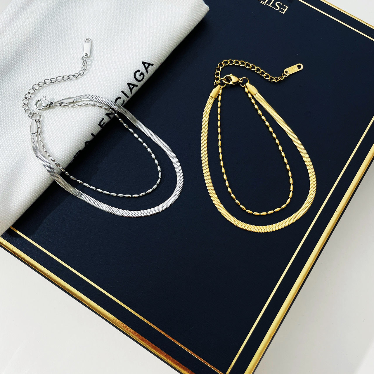 Layered Stainless Steel Bracelet Flat Snake Herringbone Chain And Bead Chain Adjustable For Women