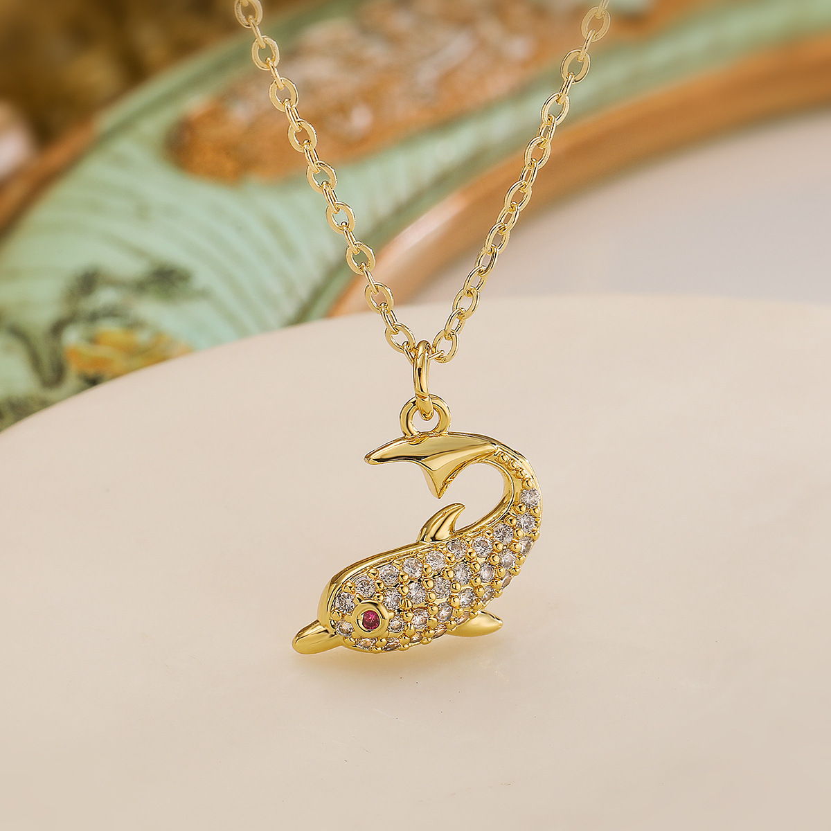 Dolphin Pendant Necklace Exquisite Copper Real Gold Plated Cubic Zirconia Shiny Animal Clavicle Chain Jewelry For Women