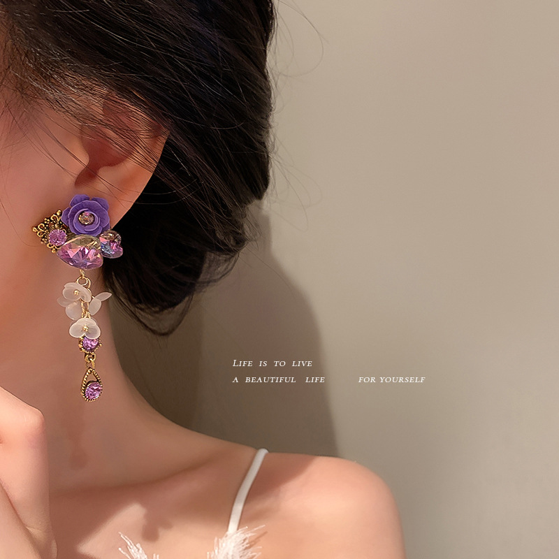 Vintage Purple Rose Crystal Drop Earrings With 925 Sterling Silver Pin Gold Plated Alloy Flower Tassel Earrings For Women Wedding Party Jewelry