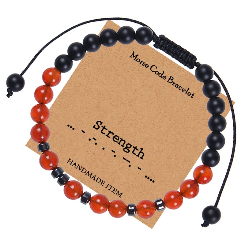 Morse Code Bracelet Red Carnelian Matte Black Stone Beads Adjustable Braided Cord For Men Women Strength Inspirational Gift Jewelry
