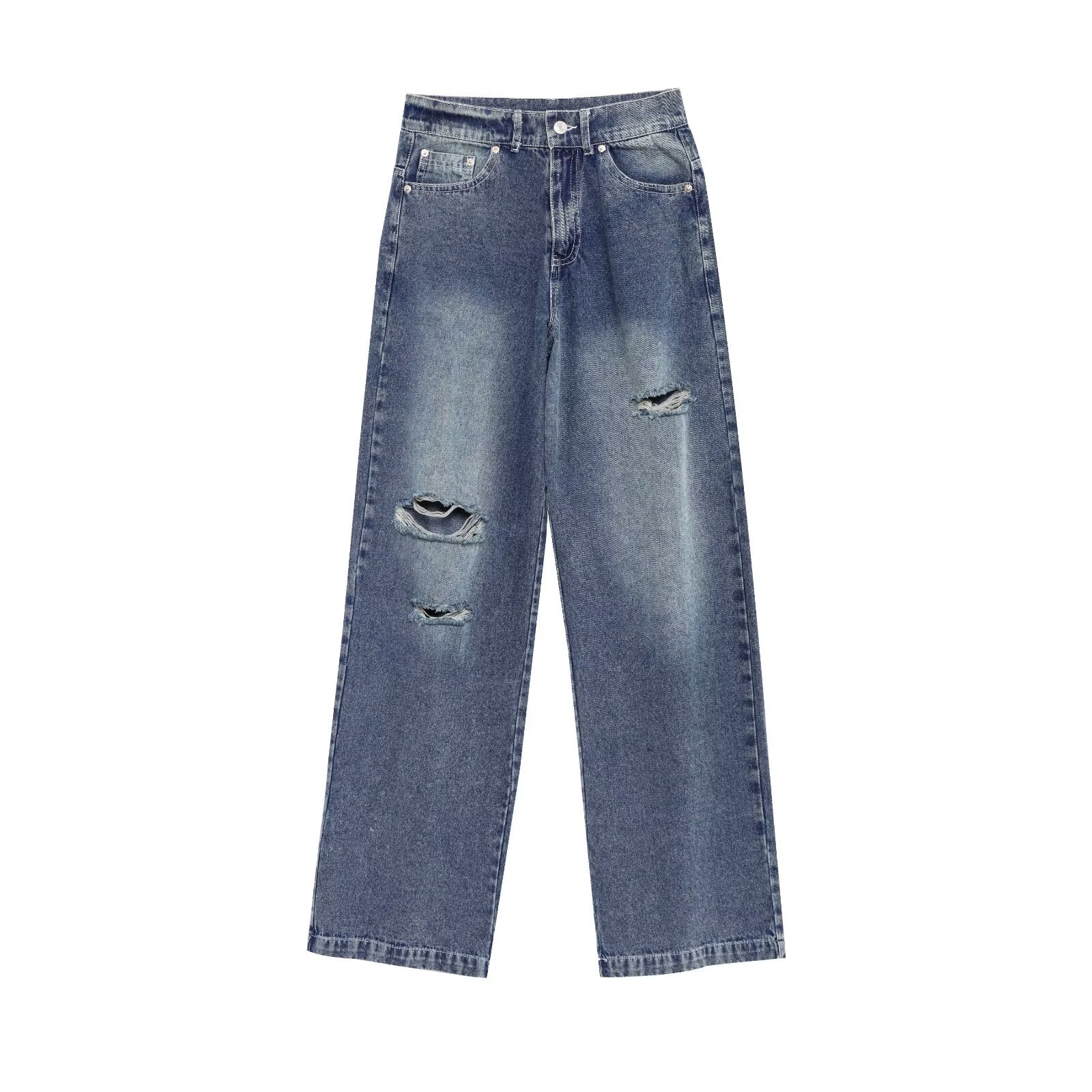 Women High Waisted Ripped Denim Jeans Distressed Straight Leg Washed Blue Casual Streetwear Denim Trousers For Women