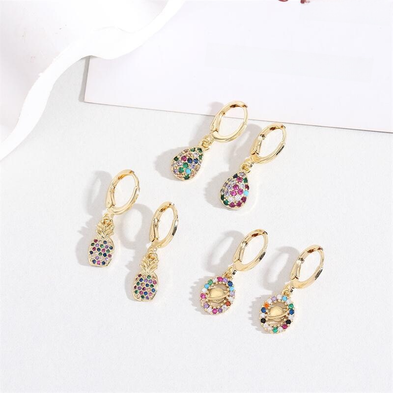 Colorful Cubic Zirconia Drop Earrings 18K Gold Plated Copper Saturn Pineapple Waterdrop Dangle Hoops For Women