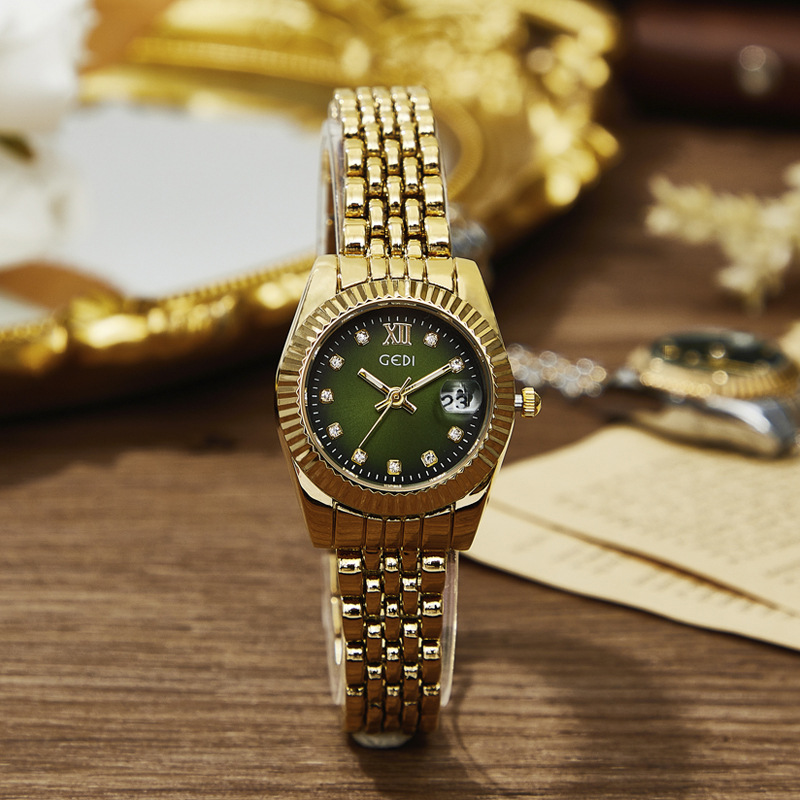 GEDI Luxury Women's Quartz Watch Stainless Steel Jubilee Bracelet Alloy Case Waterproof 3ATM Calendar Display Fluted Bezel Rhinestone Markers Elegant Retro Business Office Casual Timepiece