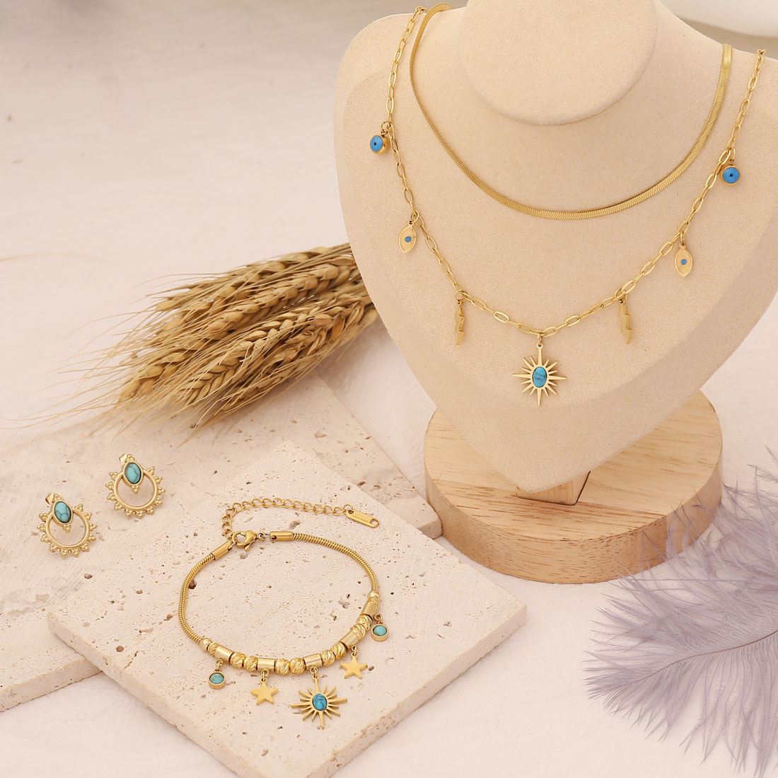 Bohemian Gold Plated Copper Jewelry Set Turquoise Sun Star Evil Eye Pendant Double Layer Necklace Bracelet Earrings Women Jewelry