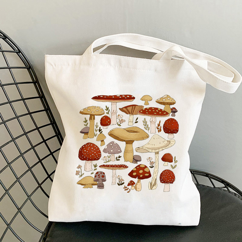 Vintage Mushroom Botanical Illustration Canvas Tote Bag Eco-Friendly Cotton Fabric Shoulder Handbag For School Travel Daily Shopping Women