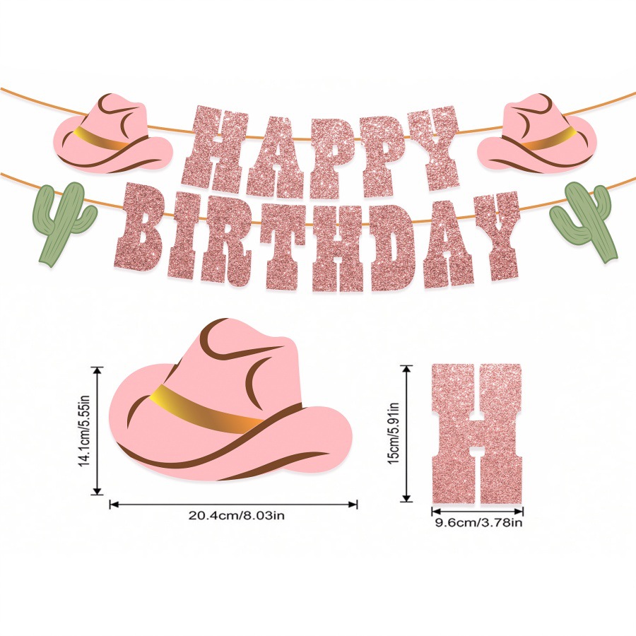 Creative Western Cowboy Happy Birthday Banner Glitter Paper Bunting With Cowboy Hat Cactus For Boys Girls Birthday Party Decorations