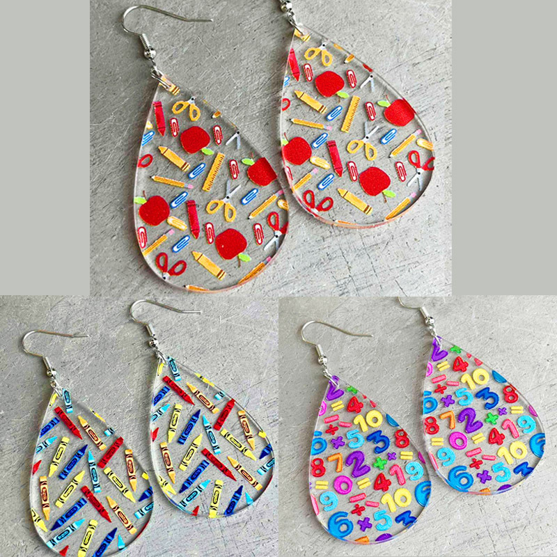 Cute Transparent Acrylic Teardrop Earrings For Women Students Back To School Gift Jewelry Pencil Ruler Math Numbers Crayons Print Drop Earrings With Iron Hooks