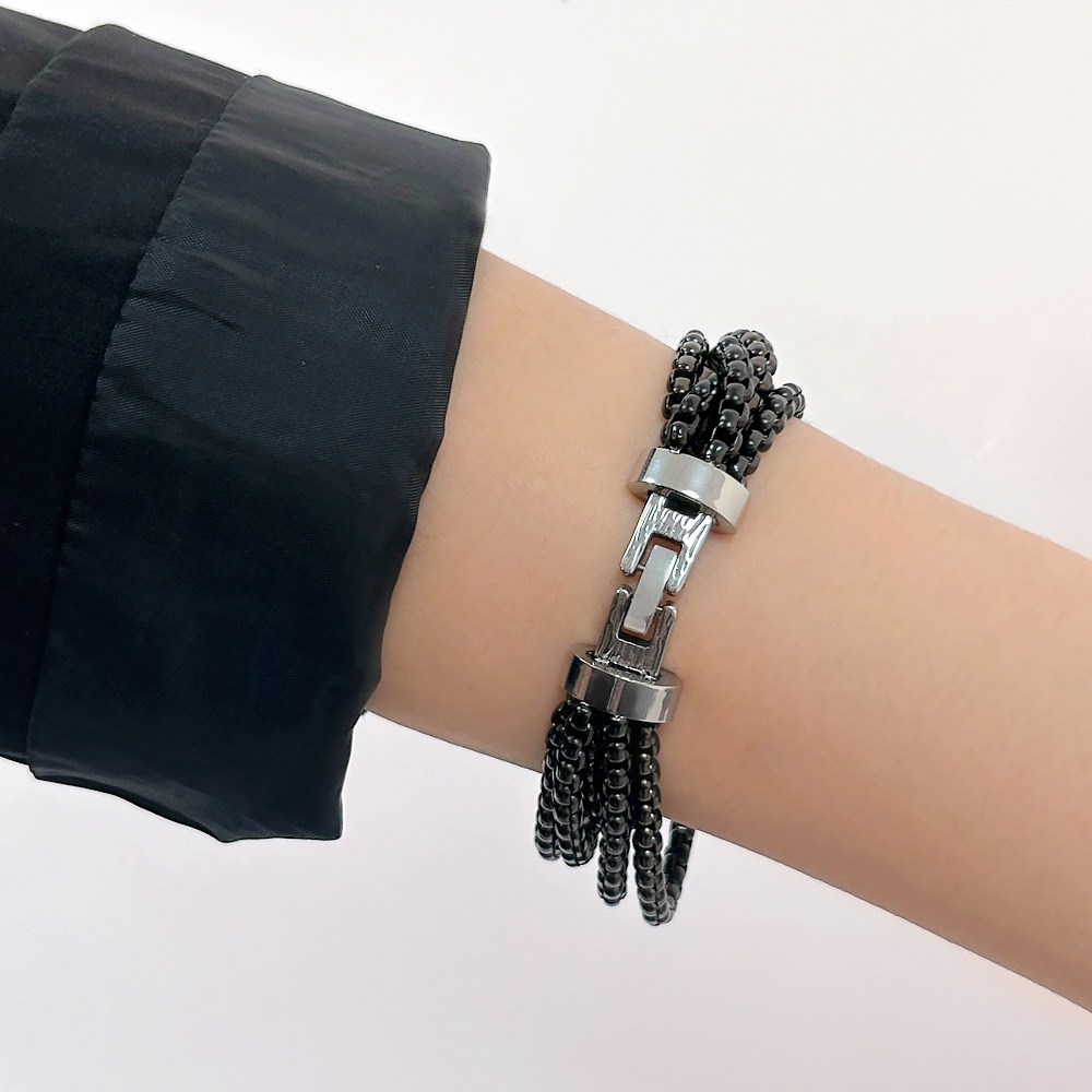 Multi Layer Box Chain Bracelet Stainless Steel Black Silver Buckle Retro Geometric Fashion Jewelry Women