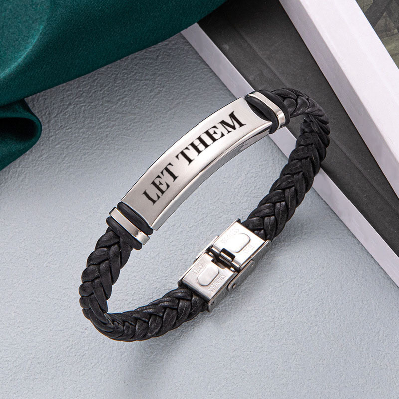 Stainless Steel Leather Braided Bracelet For Men Women Simple Letter Engraved Let Them Metal Plate Bracelet Fashion Jewelry Gift