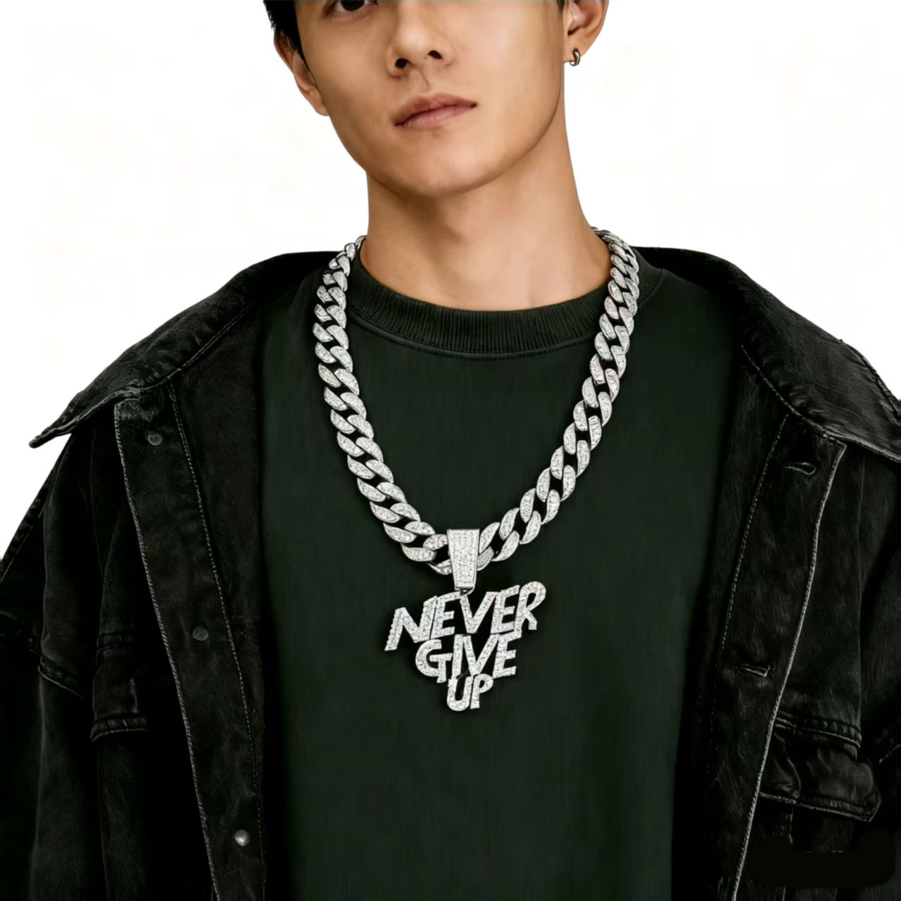 Never Give Up Iced Out Letter Pendant Necklace Hip Hop Alloy Rhinestone Cuban Link Chain Punk Streetwear Jewelry For Men Women