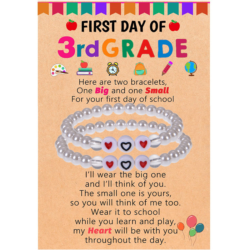 First Day of School Mother Daughter Bracelet Set White Imitation Pearl Acrylic Heart Beads Back to School Season Gift for Kids Women Girls Jewelry