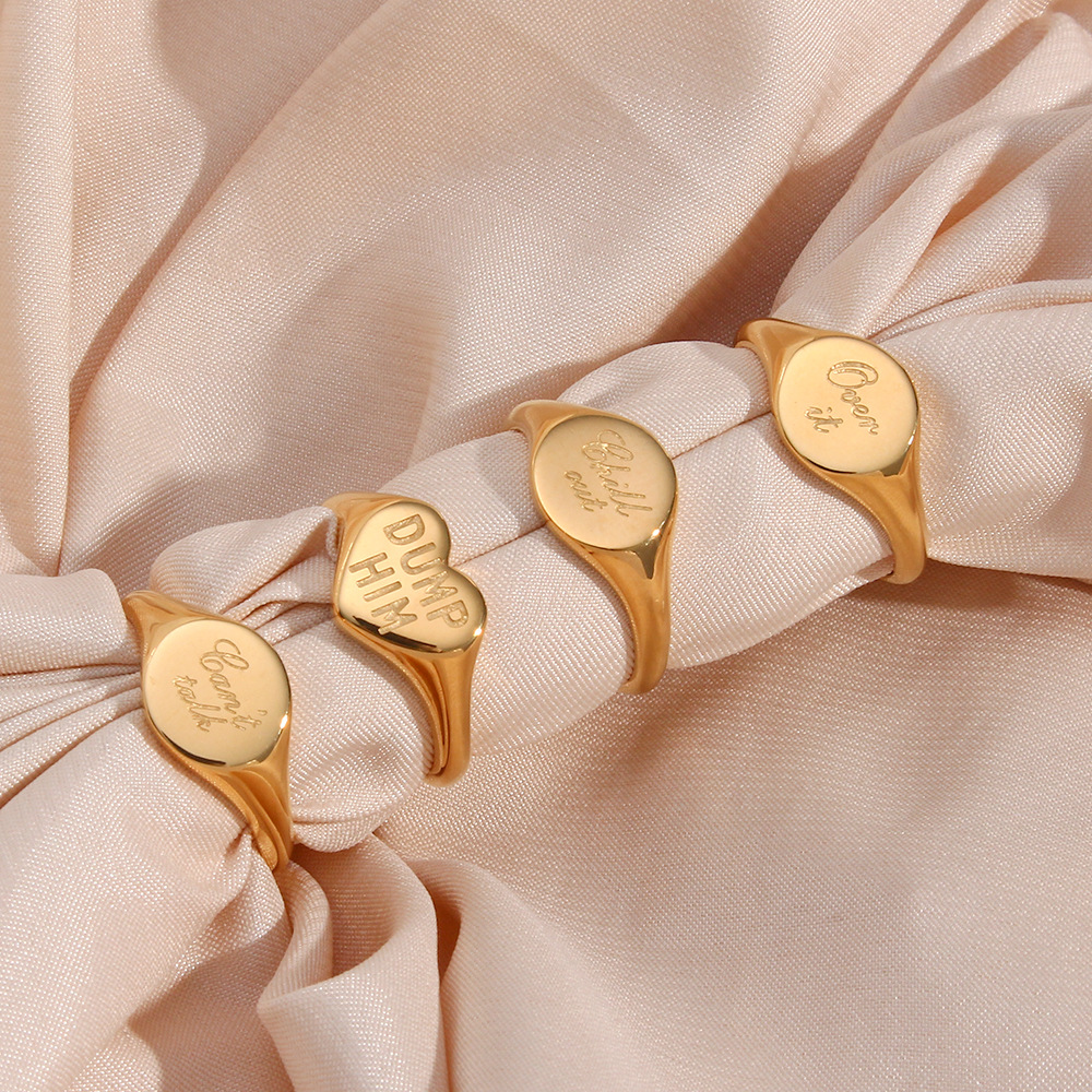 Vintage Stainless Steel Gold Plated Signet Ring Set Heart Oval Engraved Letter Dump Him Can't Talk Chill Out Statement Ring For Women Daily Streetwear Jewelry