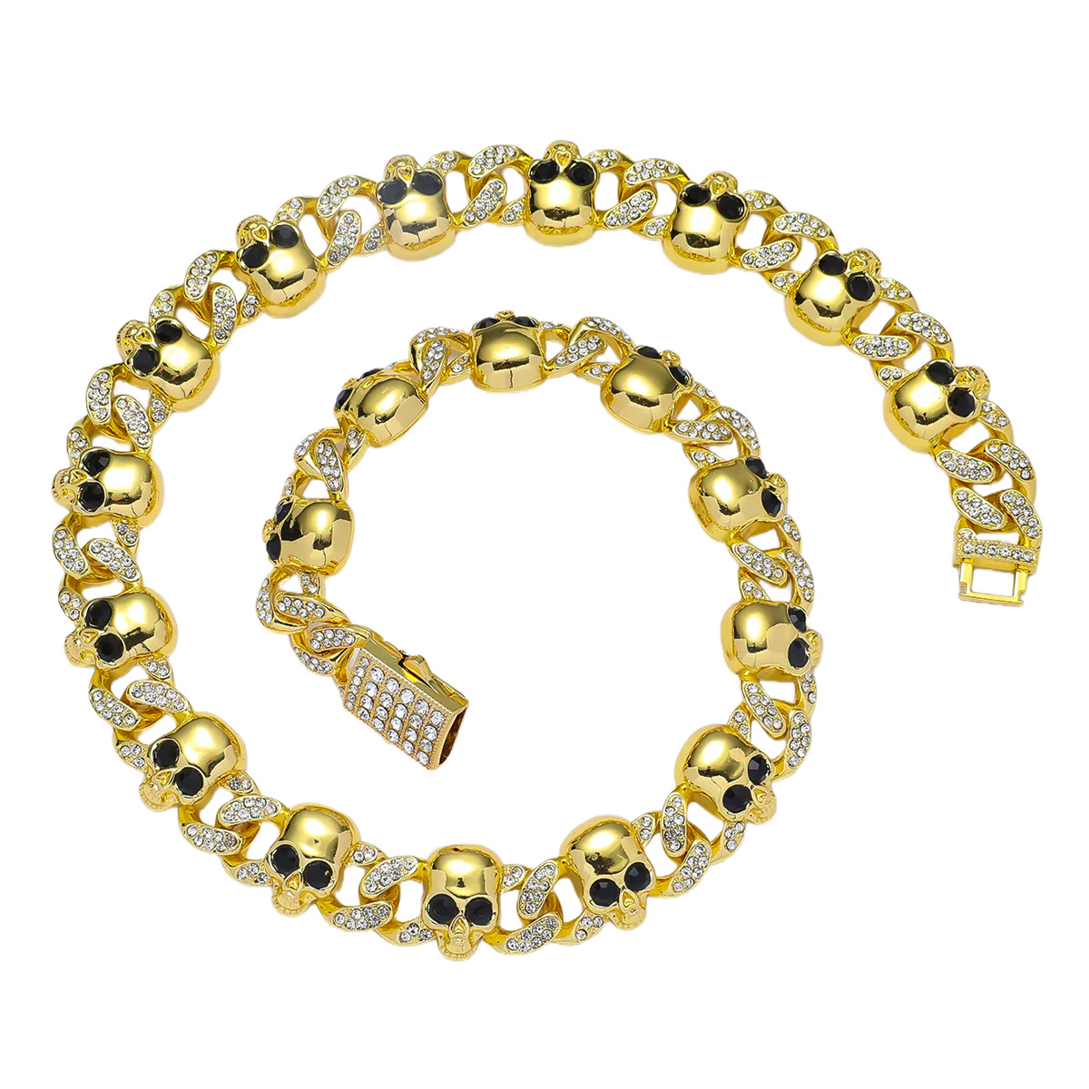 Skull Necklace And Bracelet Alloy Rhinestone Cuban Link Chain Hip Hop Punk Style Men Jewelry