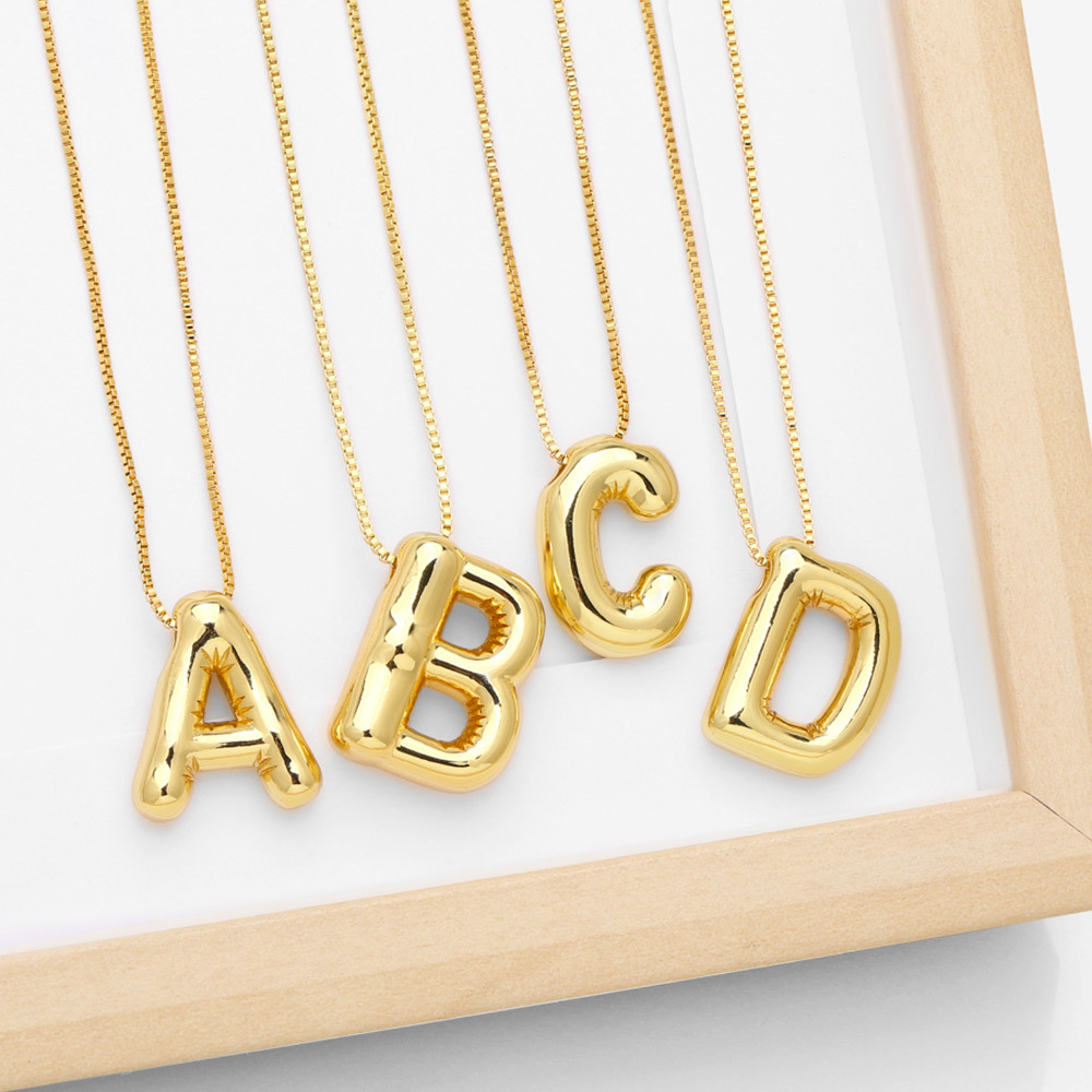 Initial Letter Pendant Necklace Gold Plated Copper 3D Balloon Bubble Style Box Chain Fashion Minimalist Jewelry Women