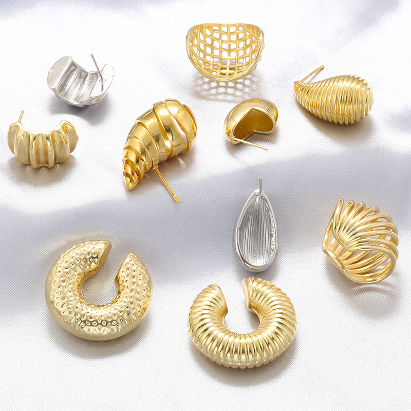 Retro Brass 18K Gold Plated Stud Earrings For Women Minimalist C-Shape Spiral Teardrop Woven Hammered Texture Geometric Jewelry Party Daily Accessories