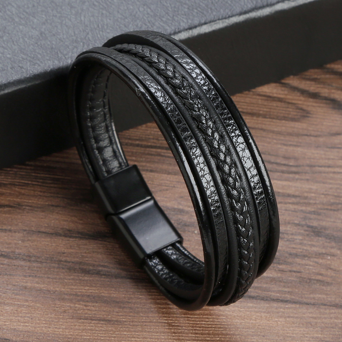 Men Multi Layer Leather Bracelet With Stainless Steel Magnetic Clasp Handmade Woven Braided Fashion Jewelry Accessory