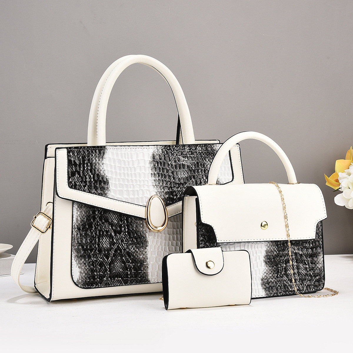 3Pcs Women Shoulder Bag Set PU Leather Snake Crocodile Texture Tote Bag Crossbody Bag Card Holder Wallet Fashion Handbag For Daily Street Lady