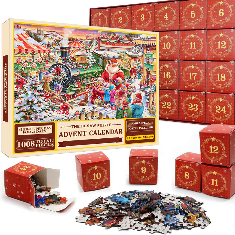 Christmas Advent Calendar Jigsaw Puzzle 1008 Pieces 24 Days Countdown Blind Box Paper Puzzle for Adults Kids Xmas Gift 27.5x19.7in Home Decor