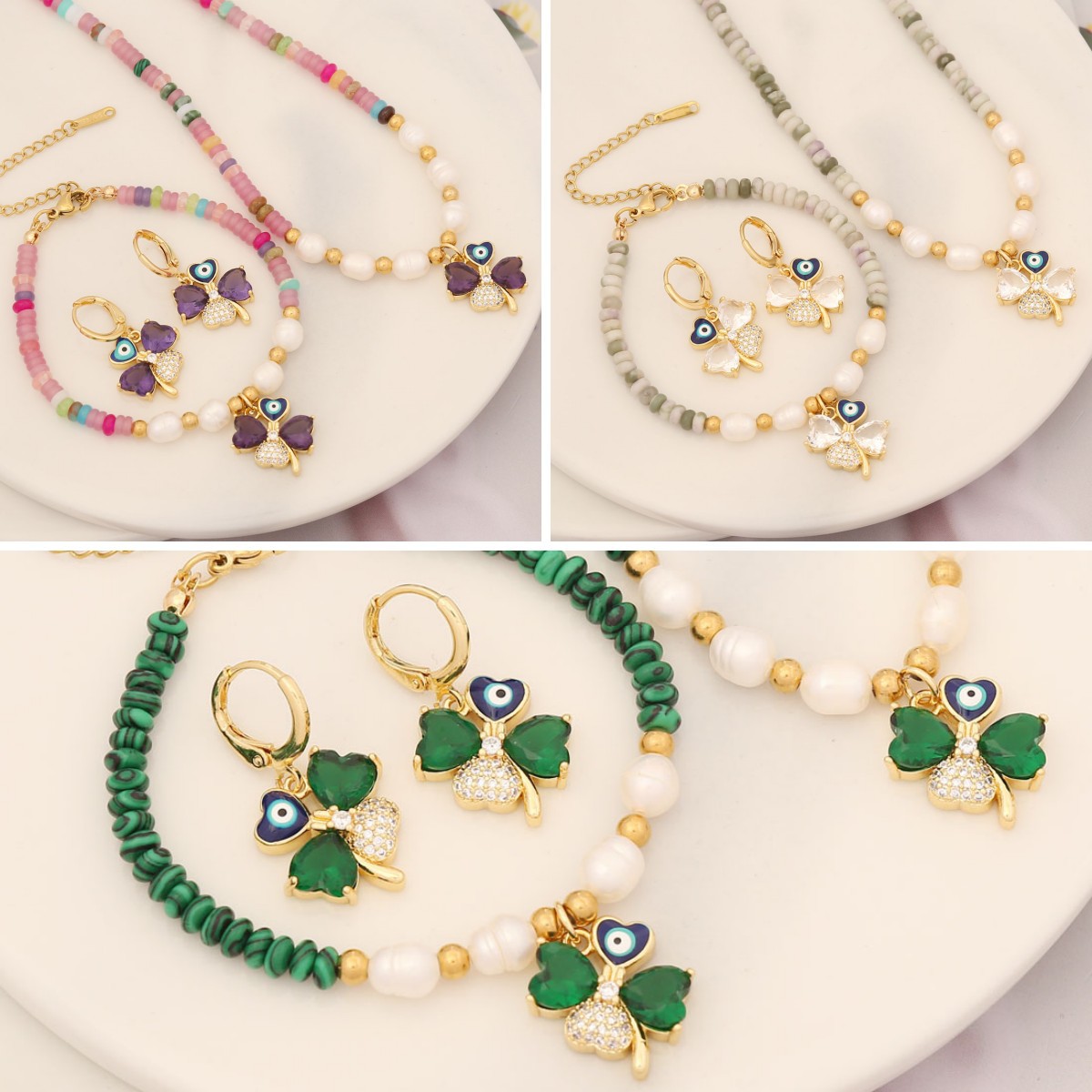 Necklace Bracelet Earrings Jewelry Copper Natural Stone Pearl Four Leaf Clover Evil Eye Zircon Elegant Fashion Women
