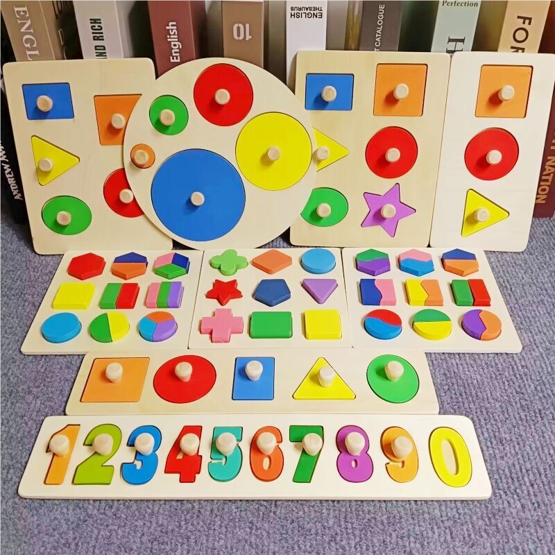 Wooden Montessori Puzzle Board Colorful Alphabet Numbers Geometry Shapes Peg Board for Toddlers Early Learning Educational Kids Toy