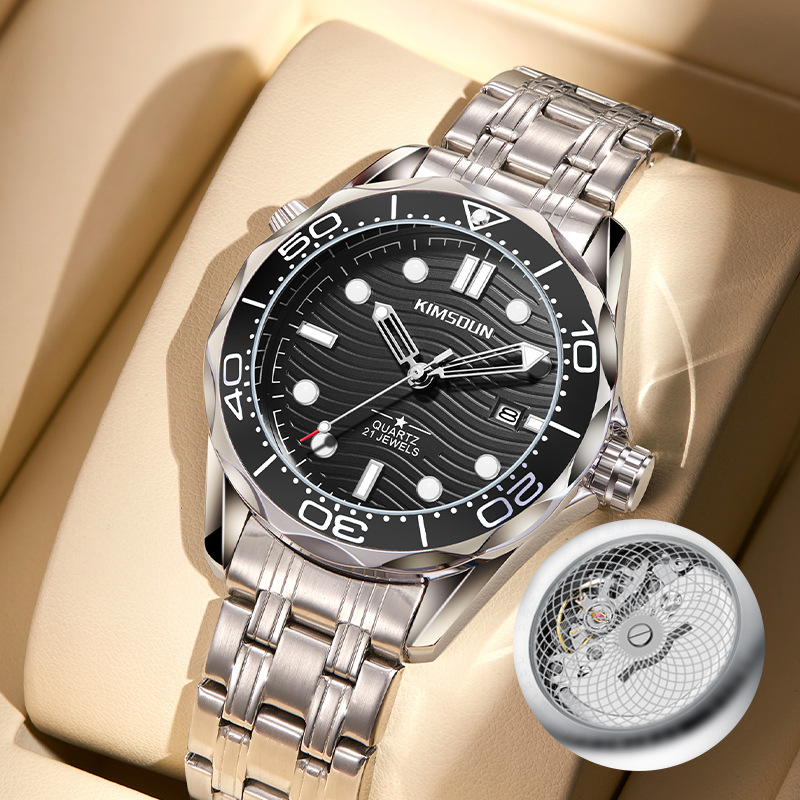 Luxury Men Quartz Watch Stainless Steel Band Seamaster Style Luminous Calendar Waterproof Dive Wristwatch Fashion Business Casual Men Watches