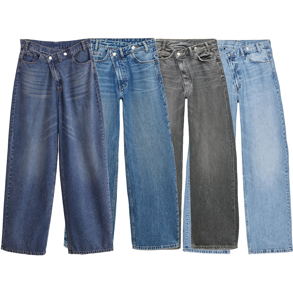 Women's High Waisted Wide Leg Jeans Asymmetrical Criss Cross Double Button Denim Trousers Casual Washed Loose Fit Fashion Long Pants for Women