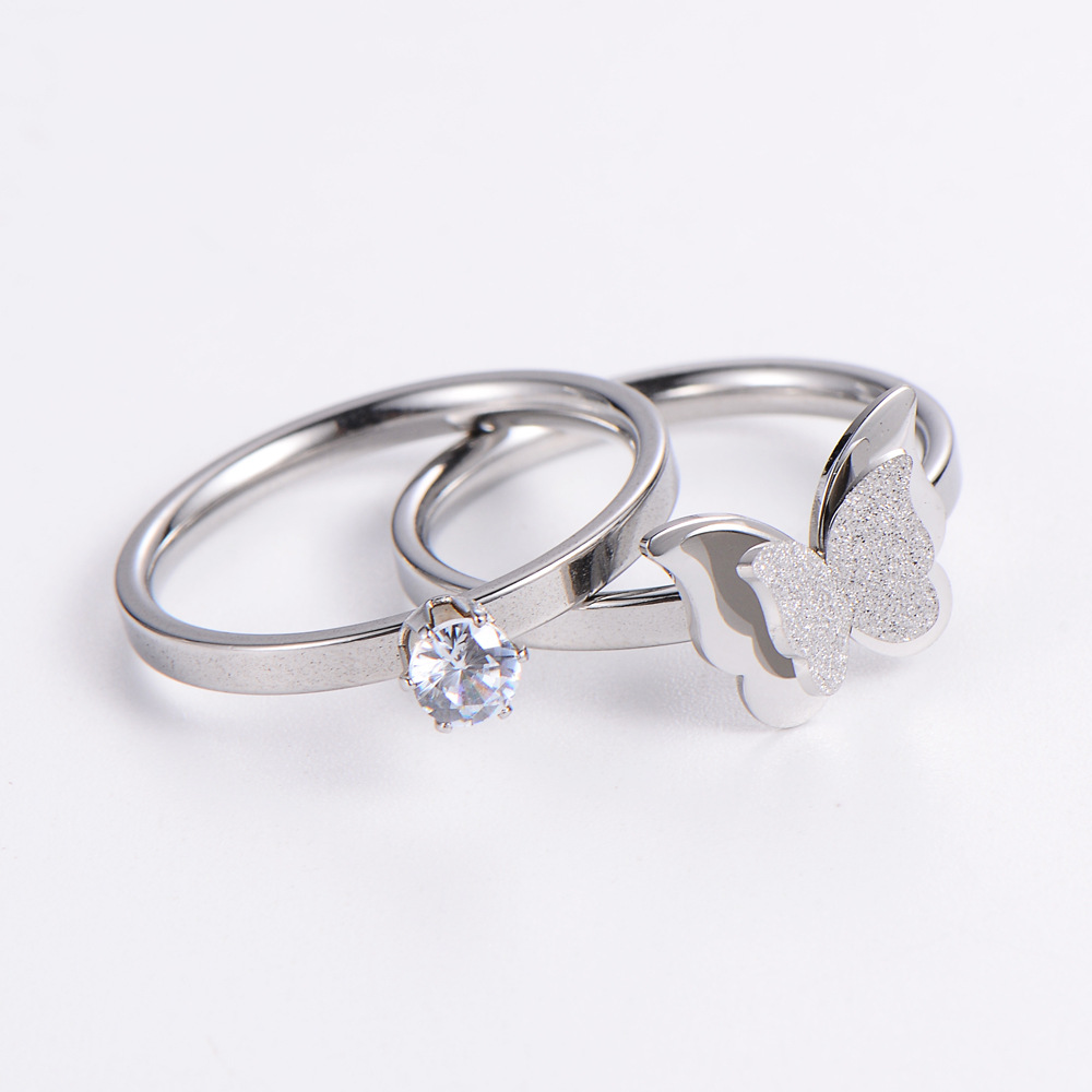 Stainless Steel Butterfly Ring And Solitaire Zirconia Ring For Women Frosted Matte Wing Elegant Wedding Jewelry