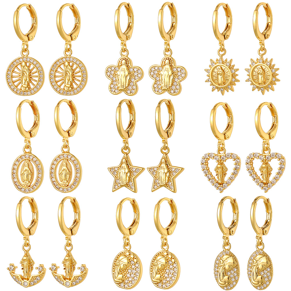 Religious Virgin Mary Drop Earrings Gold Plated Copper Inlaid Zircon Baroque Vintage Christian Jewelry For Women