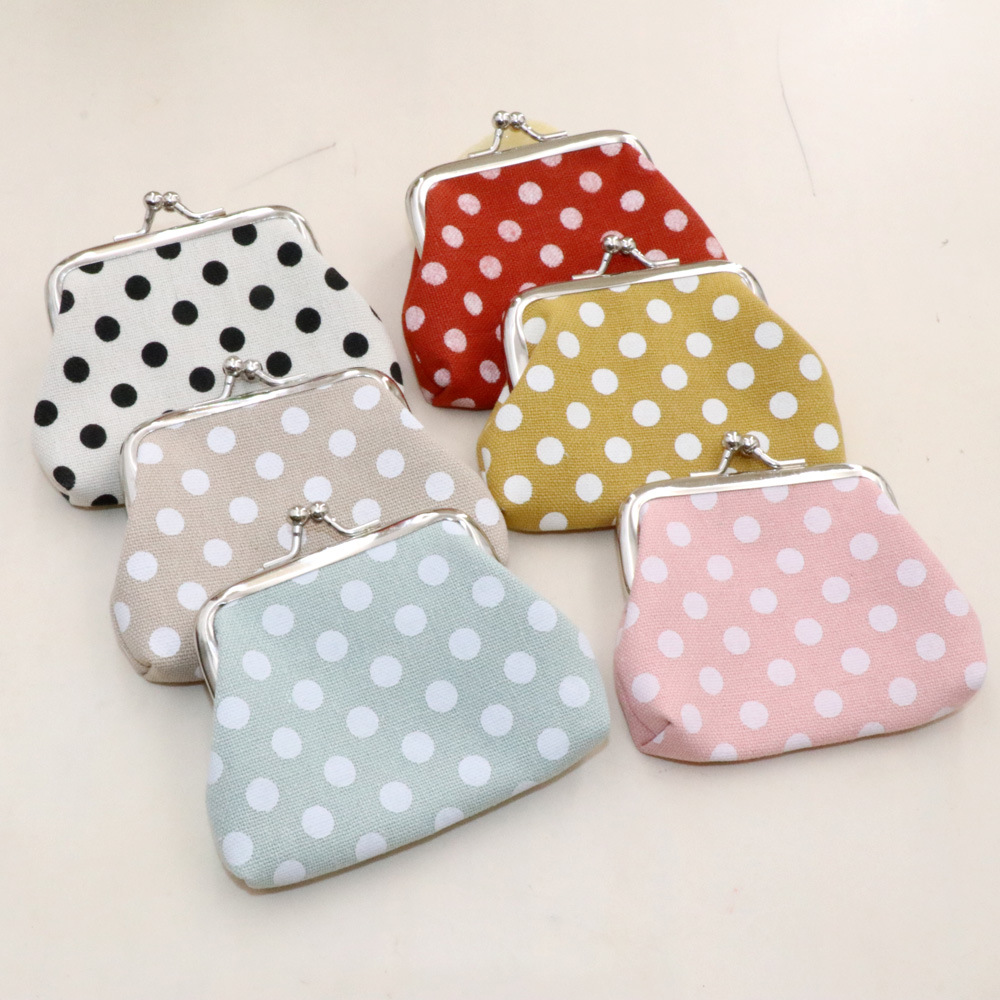 Mini Polka Dot Canvas Coin Purse With Metal Kiss-lock Clasp Retro Portable Small Wallet For Coins Keys Jewelry Kids Students Women