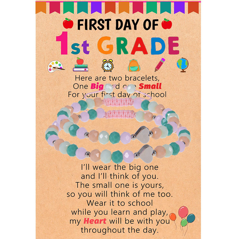 2Pcs Back to School Bracelet Set Colorful Faceted Acrylic Beads Alloy Heart Pendant Adjustable Cord Mother and Daughter Gift First Day of School Jewelry for Girls Kids With Greeting Card