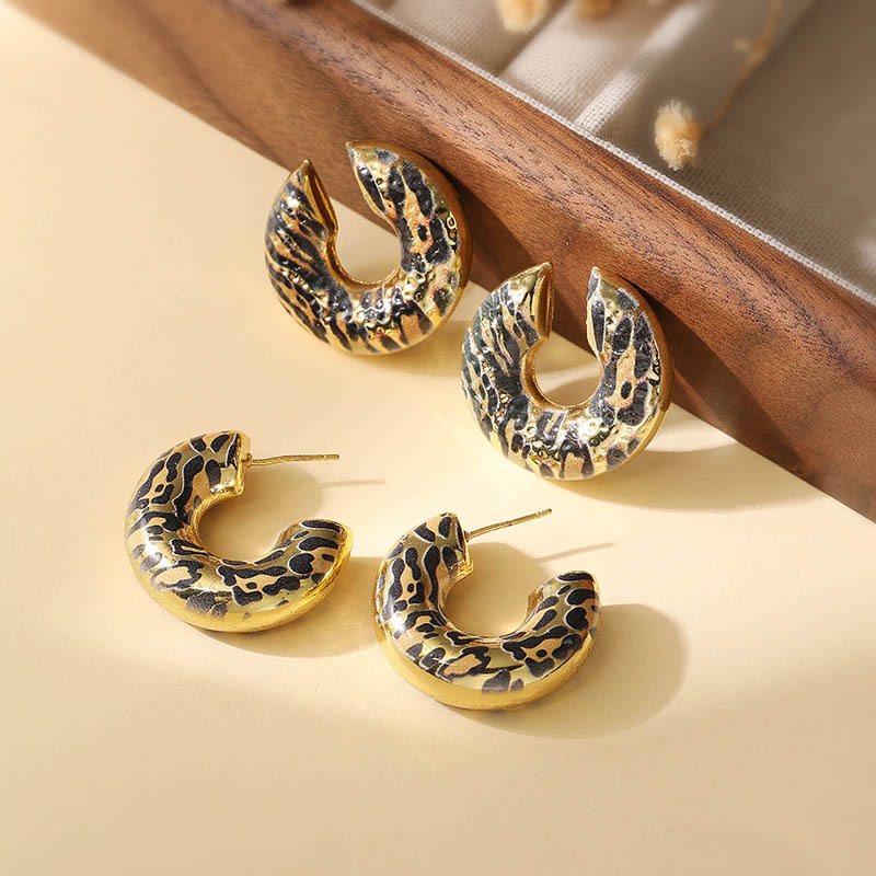 Leopard Print C-Shape Hoop Earrings Gold Plated Copper Geometric Chunky Statement Retro Jewelry For Women