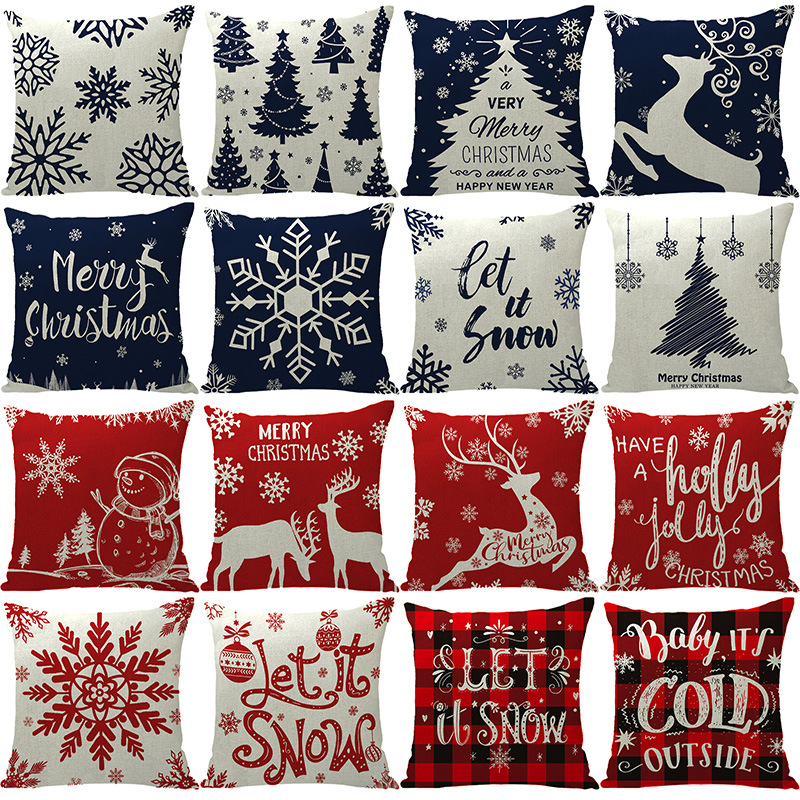 Linen Christmas Cushion Covers Decorative Throw Pillowcases Merry Christmas Snowflake Reindeer Design For Holiday Party Home Decor Living Room Bedroom Ornaments