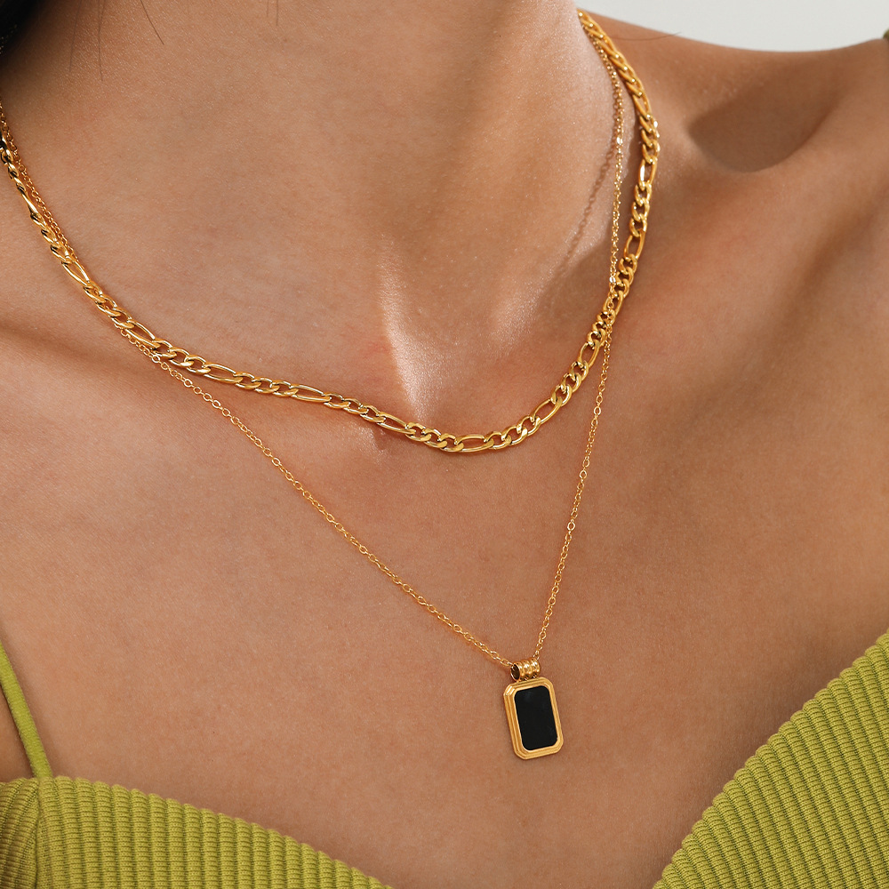 Double Layered Stainless Steel Necklace Gold Plated Figaro Chain Black Rectangular Geometric Pendant For Women