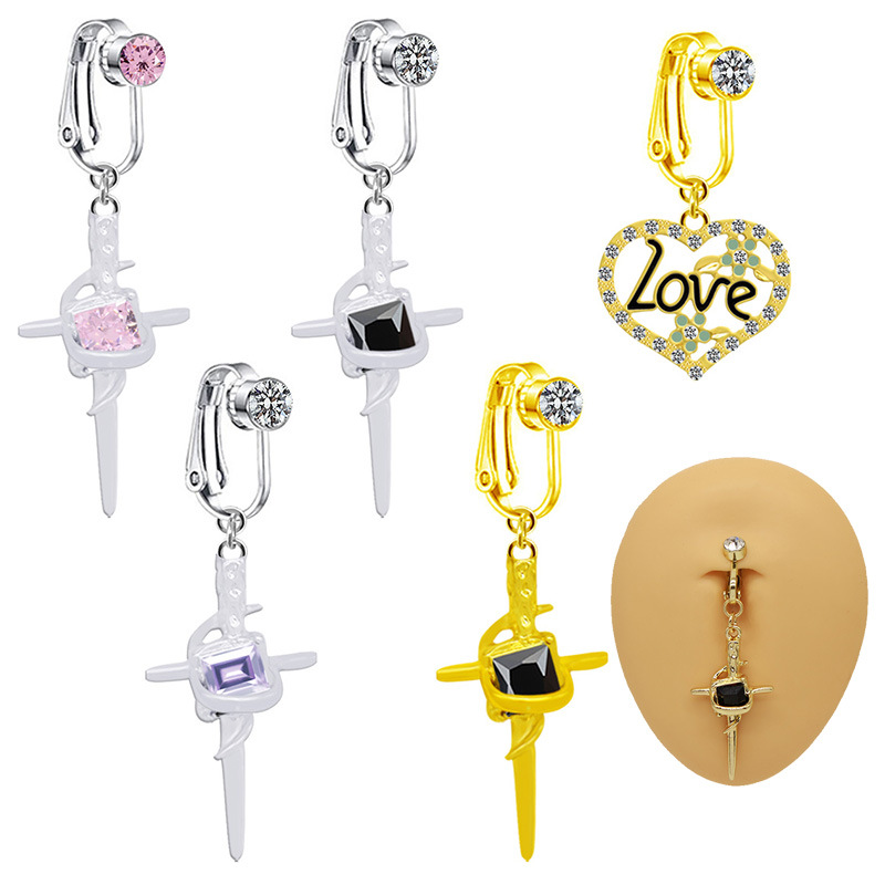 Non Piercing Belly Button Ring Clip On Navel Jewelry Alloy Rhinestone Cross Sword Heart Dangle For Women