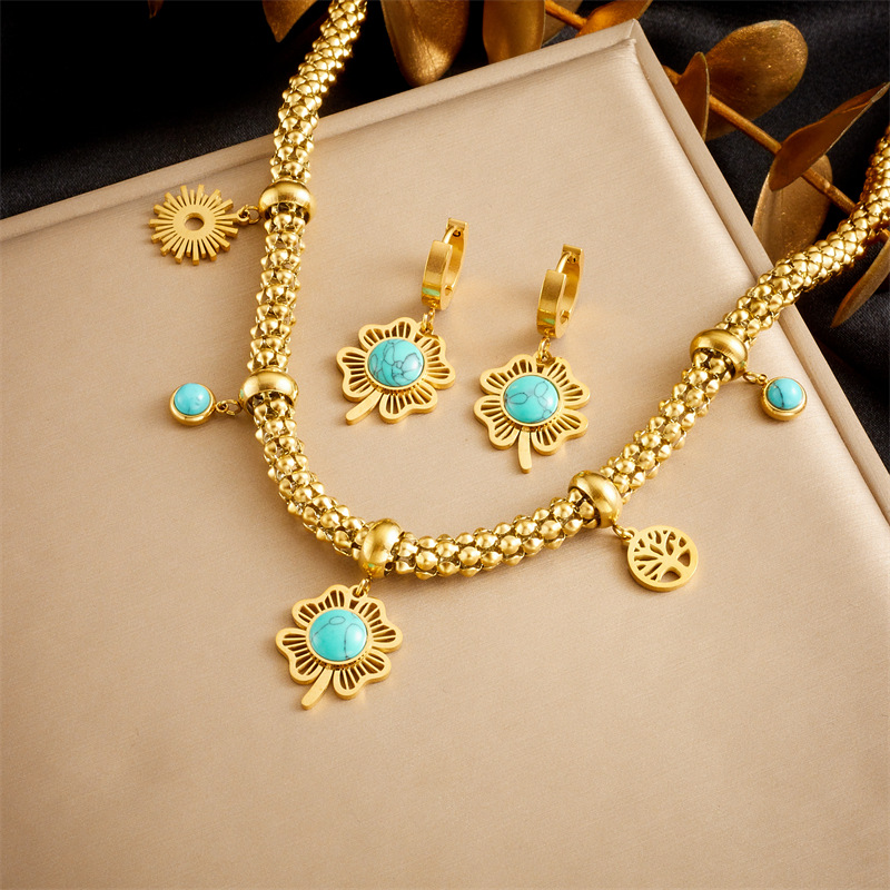 Stainless Steel Necklace And Earrings Jewelry With Turquoise Four Leaf Clover Tree Of Life Sun Charms Vintage Gold