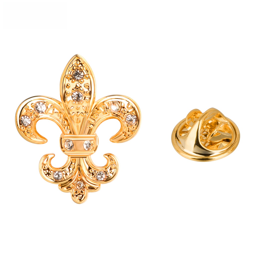 Vintage Fleur-de-lis Gold Plated Copper Rhinestone Brooch Pin for Men Suits Women Dress Accessories Elegant Lapel Pin Jewelry