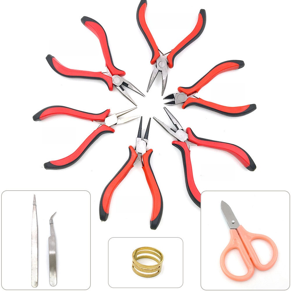 Professional Carbon Steel DIY Jewelry Making Tools Set Red Black Handle Flat Round Nose Pliers Diagonal Side Cutters Pink Scissors Jump Ring Opener Tweezers Finger Cots Handcrafted Beading Repair Equipment For Crafters